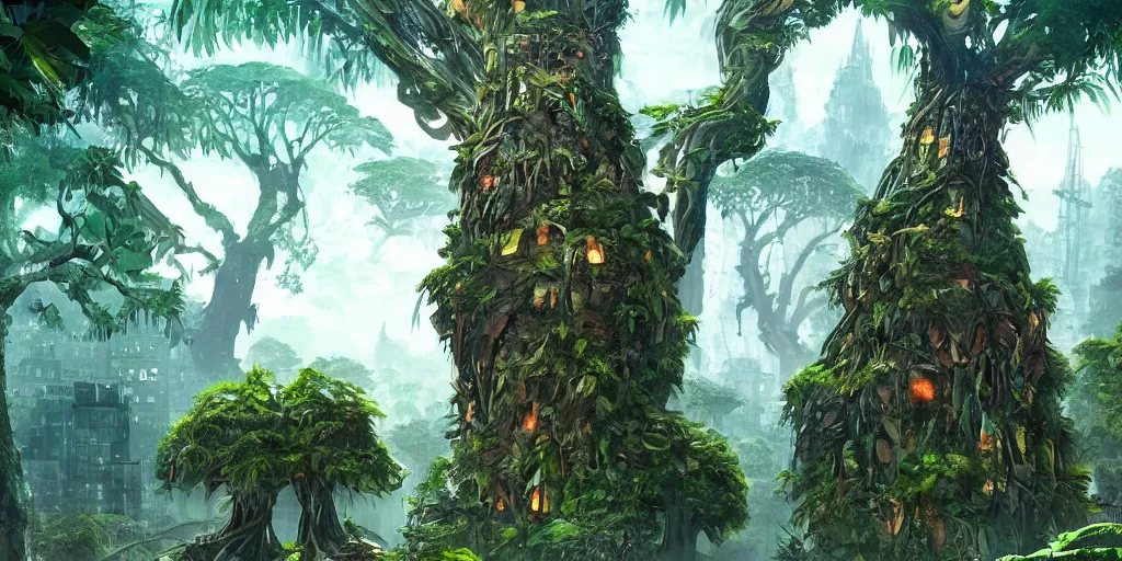 Prompt: giant tree creatures building a city in the middle of the jungle ,style by dylan cole, digital art, matte painting, artstation, concept art