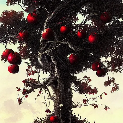 Prompt: a tree with many black colored apples, black poison apples, ?black apples, •black apples painted by rossdraws, greg rutkowski, thomas kindkade