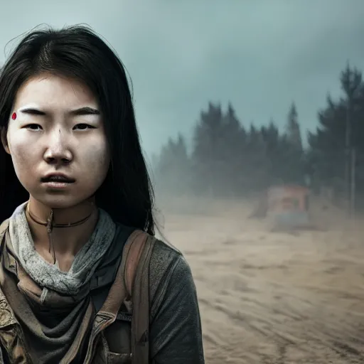 Prompt: photographic portrait of a young asian women in apocalypse, last days on earth, highly detailed, 8 k, cinematic lighting