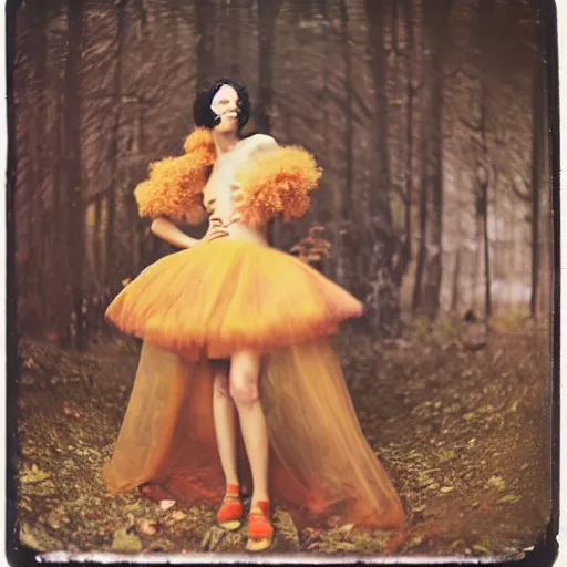 Image similar to damaged kodak portra 4 0 0, wetplate, photo of a surreal artsy dream scene,, very beautiful model, weird fashion, grotesque, extravagant dress, strange pose, carneval, with an animal, wtf, photographed by paolo roversi style