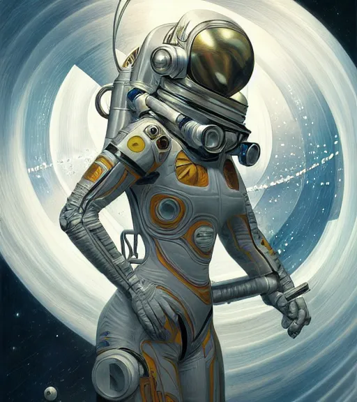 Prompt: psychoslayer, woman astronaut, intricate abstract. being entered by machine, portrait, highly detailed, deep focus, elegant, illuminated, elegant, highly detailed, digital painting, artstation, concept art, smooth, sharp focus, illustration, art by artgerm and greg rutkowski and alphonse mucha