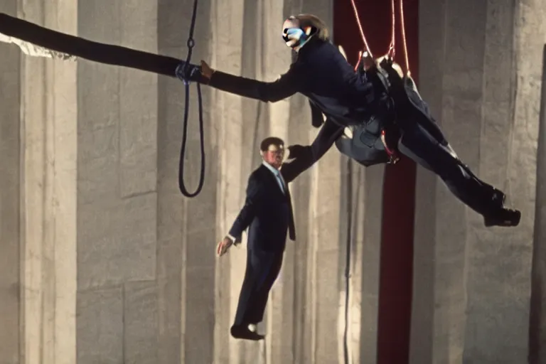 Image similar to movie still of donald trump in mission impossible hanging from a cable, cinematic, high detail, studio lighting