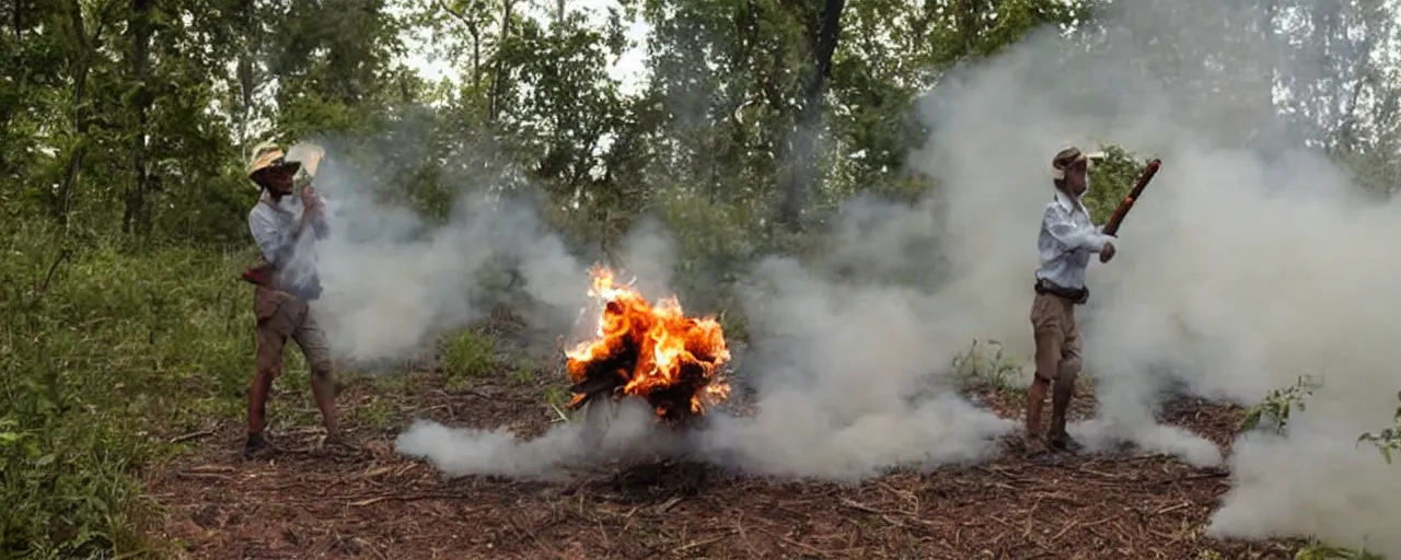 Prompt: genocide of mosquitoes by a lone man with firetorch, threatening, doom, apocalytic, sinister