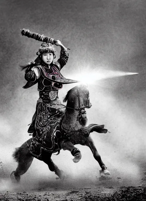 Image similar to old vintage photo of Chinese ancient warrior female team on the complex steam punk hooverboard, extreme sports photography , dynamic photography,clean symmetrical faces, high speed,dirt and grawel flying in the spot, lens flares, dust in the air, dramatic lighting, intricate, highly detailed, centered, smooth, sharp focus, sports photography, old photo, black and white, sepia, cinematic lighting, cinematic angle, national geographic
