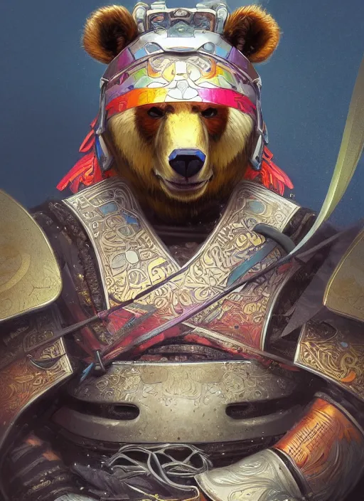 Image similar to portrait of anthropomorphic bear in samurai armor, colorful, highly detailed, digital painting, artstation, concept art, smooth, sharp focus, illustration, art by artgerm and greg rutkowski and alphonse mucha