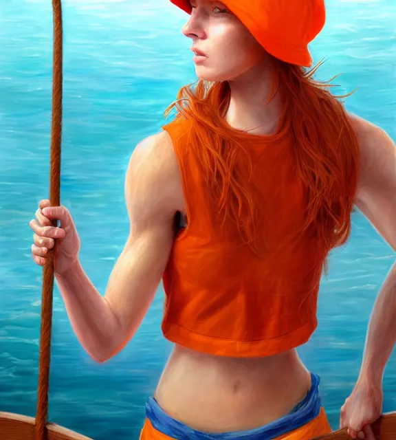 Prompt: muscular female fisherman on ship at sea, perfect face, bucket hat, orange halter top, ginger hair, abs, cinematic, blush, stunning, athletic, strong, agile, highly detailed, psychedelic, digital painting, artstation, smooth, hard focus, illustration, art by jessica rossier and and brian froud