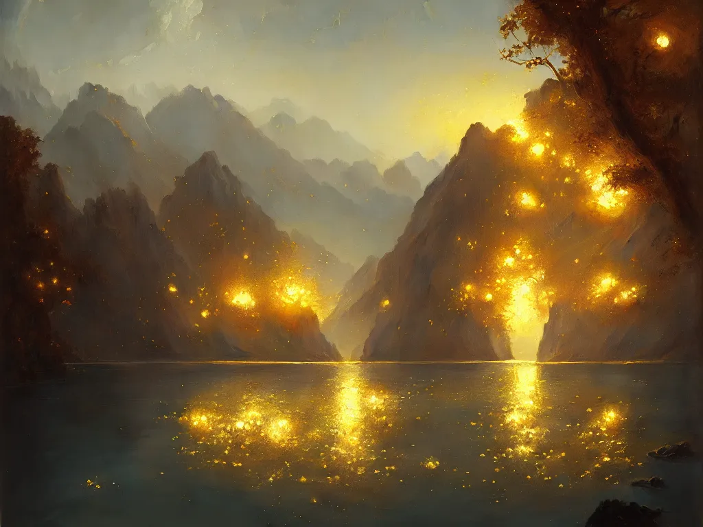 Image similar to A lake of pure gold, by Greg Rutkowski