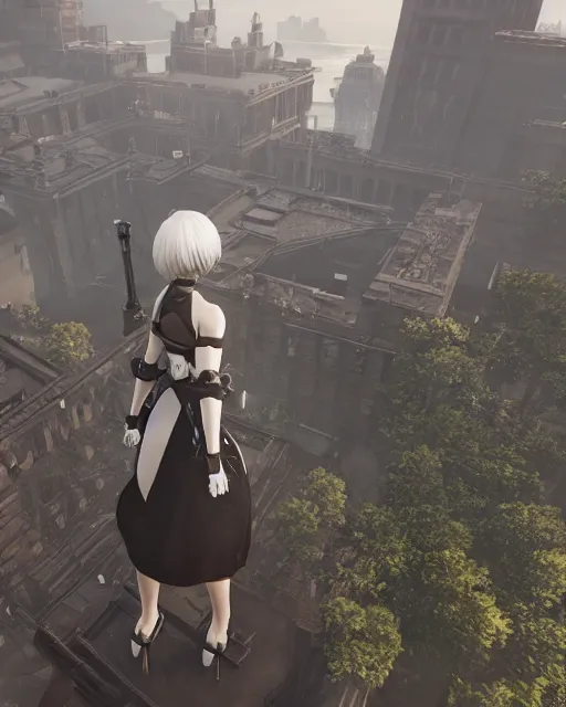 Image similar to unreal engine screenshot of 2B from Nier Automata and with slender body type standing on top of a large building, unreal engine, 8k