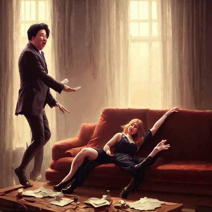 Prompt: portrait of michael mcintyre leaving on a sofa with a singing waitress, elegant, real life skin, intricate artwork, high detailed, artstation, concept art, smooth, sharpz focus, art by artgerm and greg rutkowski