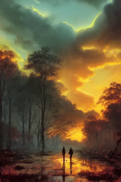 Image similar to ominous figure in the street of a destroyed city, fiery green pastoral marshy landscape, trees, hills, thick heavy fog, sunset, golden hour, blue hour, colorful magenta and green dramatic cloud filled sky, by gerald brom, greg rutkowski, photo realism, unreal engine