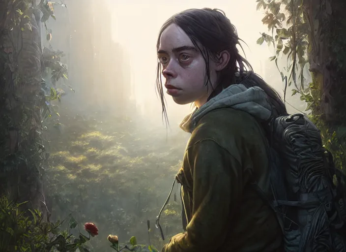 Image similar to highly detailed portrait of billie eilish, in the last of us, stephen bliss, unreal engine, fantasy art by greg rutkowski, loish, rhads, ferdinand knab, makoto shinkai and lois van baarle, ilya kuvshinov, rossdraws, tom bagshaw, global illumination, radiant light, detailed and intricate environment