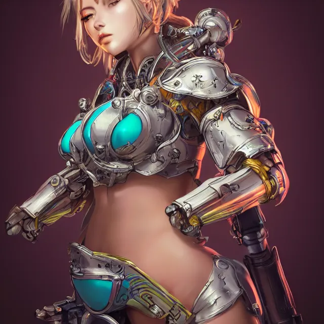 Image similar to studio portrait of lawful good colorful female holy mecha paladin absurdly beautiful, elegant, young curvy bikini model, ultrafine hyperrealistic detailed face illustration by kim jung gi, irakli nadar, intricate linework, sharp focus, bright colors, matte, octopath traveler, final fantasy, unreal engine highly rendered, global illumination, radiant light, intricate environment