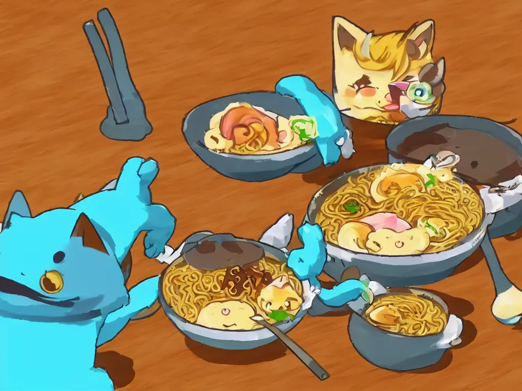 Prompt: Cute kawaii cat eating a bowl of ramen in The Legend of Zelda Breath of the Wild, toon shading, npr