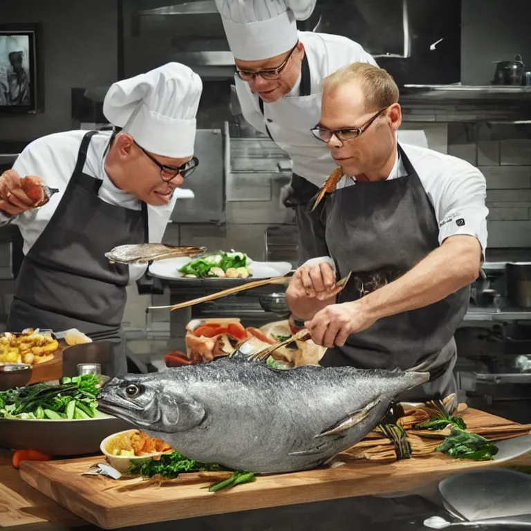 Prompt: “chef Alton Brown and a grey cat cooking a whole fish on iron chef, digital art, hyperdetailed, 8k”