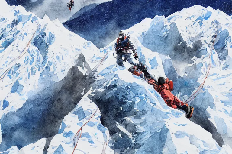 Prompt: diving from the top of mount everest. Film watercolor, artstation, highly detailed. Sharp, 8k