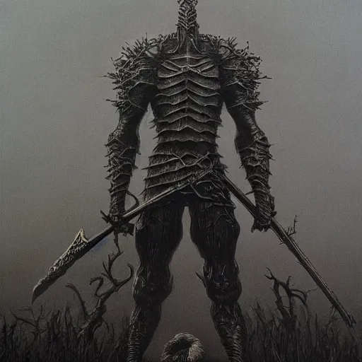 Prompt: nulsa as a dark souls boss by zdzisław beksiński