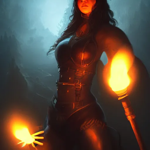 Image similar to a epic hero adventurer holding a torch in a dark cave, artgerm, realistic, cryengine, symmetric