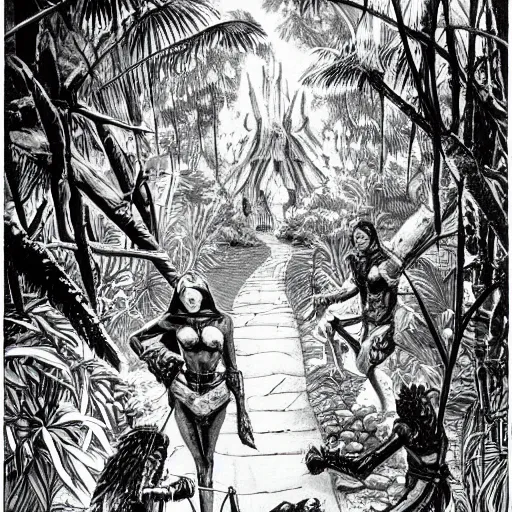 Image similar to mummy walks through the jungle, old school dungeons and dragons art, old school fpr, black and white image