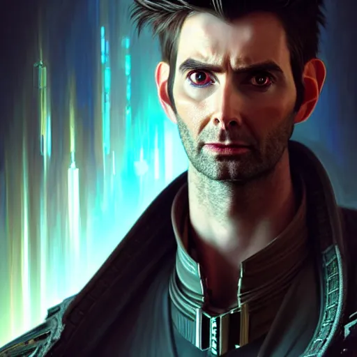 Image similar to portrait painting of a cyberpunk elven cyborg david tennant with thin pointy ears, ultra realistic, concept art, intricate details, eerie, highly detailed, photorealistic, octane render, 8 k, unreal engine. art by artgerm and greg rutkowski and charlie bowater and magali villeneuve and alphonse mucha