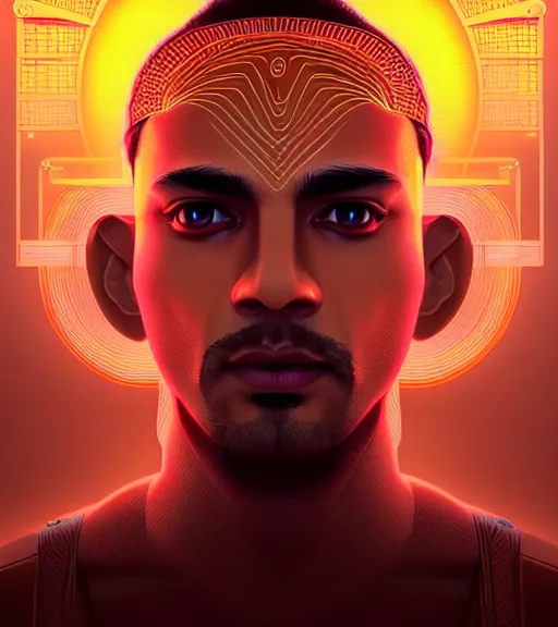 Image similar to symmetry!! indian prince of technology, solid cube of light, hard edges, product render retro - futuristic poster scifi, lasers and neon circuits, brown skin handsome indian prince, intricate, elegant, highly detailed, digital painting, artstation, concept art, smooth, sharp focus, illustration, dreamlike, art by artgerm