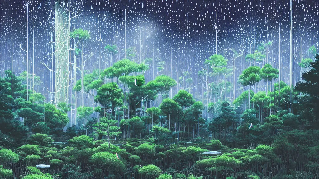 Image similar to highly detailed illustration of a forest with fireflies and rain at night, clouds, abstract minimalist white sculpture, by makoto shinkai, by moebius, by oliver vernon, by joseph moncada, by damon soule, by manabu ikeda, by kyle hotz, by dan mumford, by otomo, 4 k resolution