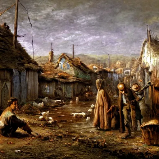 Image similar to jean francois millet as slum neighborhood on lord of the ring, random content position, ultra realistic human face details with emotion, ultra realistic environment contents detail, incrinate, delete duplicated content, rgb color