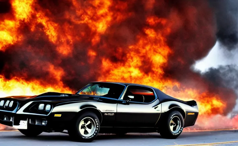 Image similar to a black 1 9 7 3 pontiac firebird trans am sd - 4 5 5 driving high speed, fire explosion in the background, action scen. realistic. dramatic