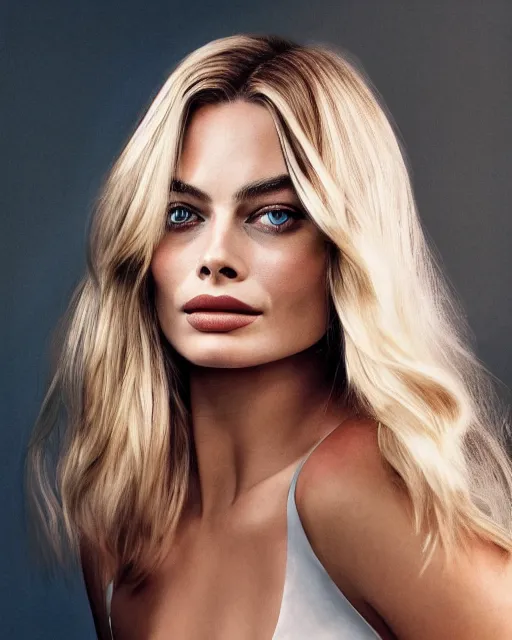 Image similar to Beautiful Head and shoulders portrait of margot robbie with straight long blonde hair, wearing a camisole by alberto Vargas, arney freytag, artstation, fashion photoshoot, urban jungle, fashion pose, octane, 4k