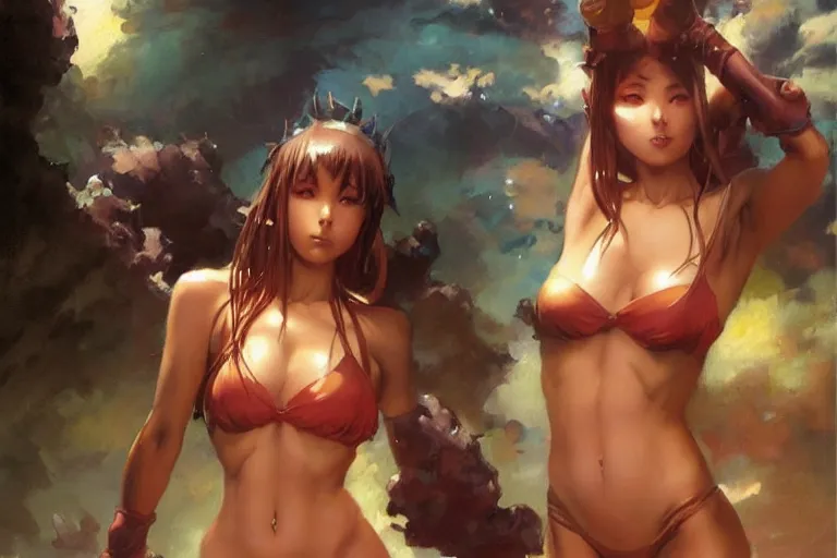 Image similar to A beautiful oil painting of a pretty anime girl in bikini, by Lucas Graciano, Frank Frazetta, Greg Rutkowski, Boris Vallejo, epic, fantasy, character art, high fantasy