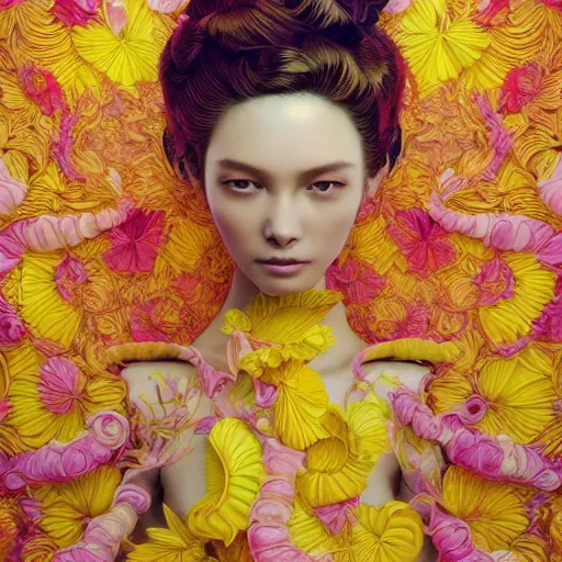 Prompt: the portrait of an unimaginably beautiful, graceful, and elegant woman made of bananas and petals, an ultrafine detailed illustration by kim jung gi, irakli nadar, intricate linework, bright colors, final fantasy, behance contest winner, angular, unreal engine 5 highly rendered, global illumination, radiant light, detailed and intricate environment