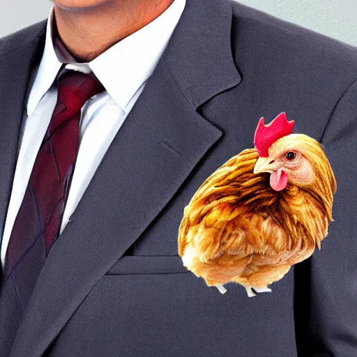 Image similar to a high quality photo of a chicken wearing a suit, 8k, digital art