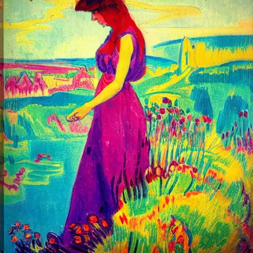 Image similar to A colorful and poetic painting of a girl looking at a landscape of flowers and water, by Ernst Ludwig Kirchner and Gaston Bussière featured on ArtStation, trending on ArtStation, cgsociety, trending on 500px, deviantart