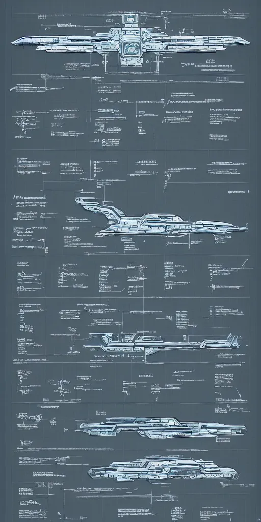 Image similar to detailed infographic blueprint of a spaceship in the style of eve online