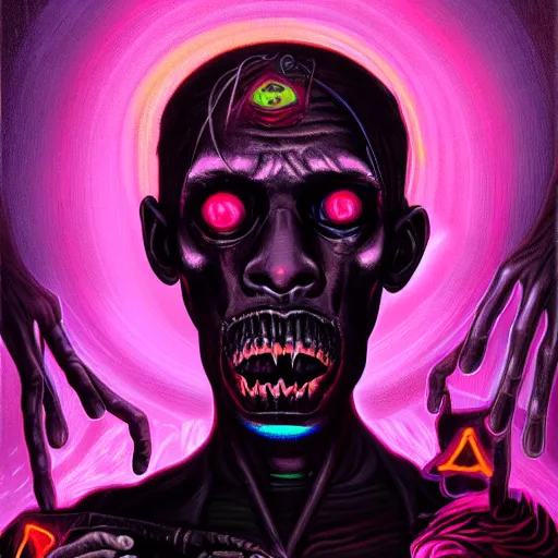 Image similar to a death tarot featuring a haitian voodoo priest with menacing eyes, blacklight neon colors, by anton semenov and android jones in cyberpunk voodoo style, oil on canvas, 8k