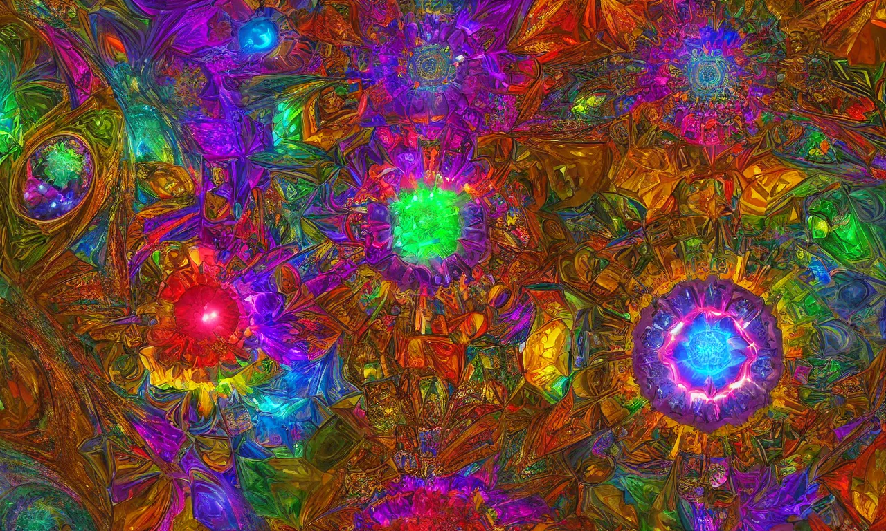 Image similar to voronoi engine laboratory 3 d volume kaleidoscope mandala fractal chakra digital multicolor stylized concept substance liquid nebula stone, a spectacular view cinematic rays of sunlight comic book illustration, by john kirby radiating a glowing aura global illumination ray tracing hdr depth fog overlay multiply photoshop layer