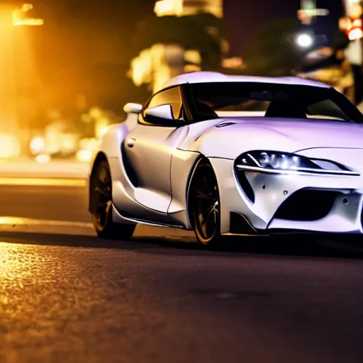 Image similar to still of a toyota supra on the road in Rio De Janeiro, action shot, 85mm, night city, CGSociety , in the spotlight