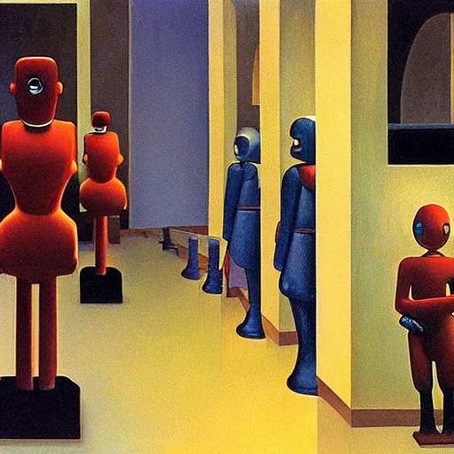 Image similar to robots queue up for eye scanner, grant wood, pj crook, edward hopper, oil on canvas