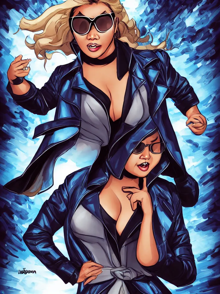 Prompt: thick chubby filipina amihan superhero, long black trench coat, sunglasses, sly grin, fully clothed, exaggerated perspective, flying toward camera, beautiful detailed face, bright blue hair, action pose, comic book style, highly detailed, dynamic shadows, dynamic lighting, geoff johns, jason fabok, jason fabok, brad anderson, splash art