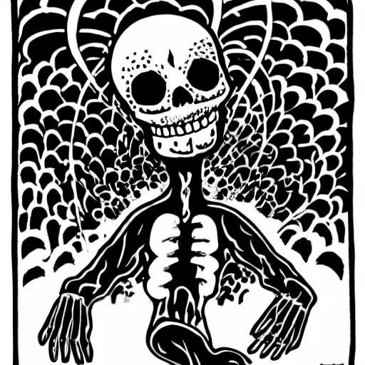 Prompt: Black skeletons burning in white fire, comic style, horror image