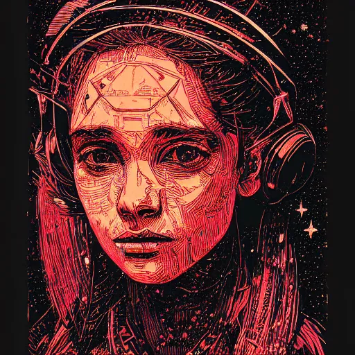 Prompt: Woodcut portrait of a beautiful cute girl with robot ears by falling into the stars greg rutkowski, 4k, intricate details