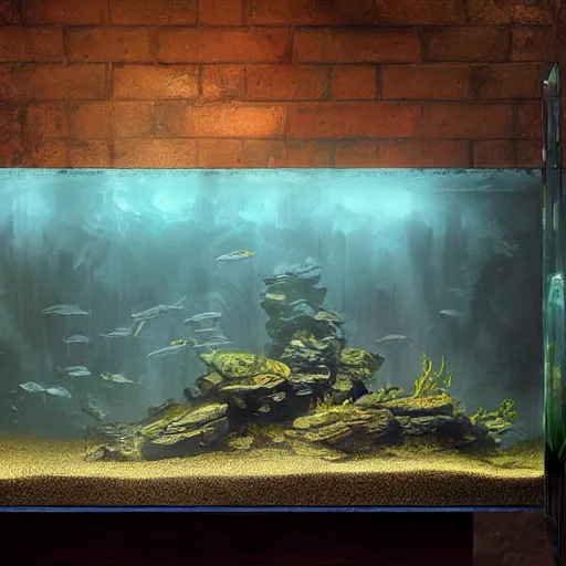 Prompt: an aquarium on a table, containing a dark stormy sea inside the aquarium, large dark waves, miniature, dramatic, fantasy concept art, digital painting, oil painting, hyperrealistic, highly detailed, by greg rutkowski