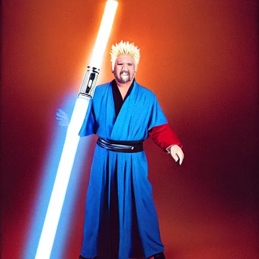 Image similar to Guy Fieri in Star Wars, Jedi Knight, blue light saber, desaturated!, cinematic, cinestill 400t film, 35mm lens, by Stanly Kubrick, ultra high quality