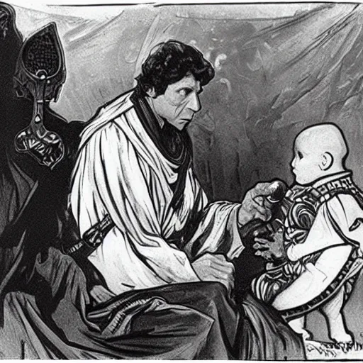 Image similar to baby gamorian guard being looked after by tom baker dr who, alphonse mucha