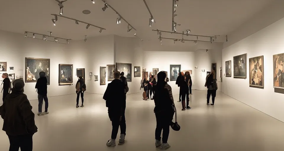 Prompt: museum gallery filled with people that appreciating AI generated image