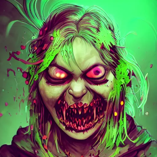 Image similar to angry fat zombie female, full body portrait, neon - green vomit, horror core, apocalyptic, feeling of grimdark, sharp focus, fiction, hyper detailed, digital art, trending in artstation, cinematic lighting, studio quality, smooth render, unreal engine 5 rendered, octane rendered, art style and nixeu and wlop and krenz cushart