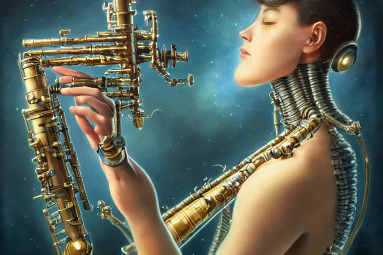 Image similar to a beautiful ultradetailed vintage photo of cyborg playing an oboe, by tom bagshaw and anna dittman, portrait, vignette, 2 4 mm lens, golden ratio composition, detailed face, studio photography, very detailed, cybernetic scifi, artstation, 8 k, highly coherent