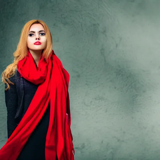 Prompt: A photorealistic portrait of an Iranian young woman with long blonde hair wearing a red scarf, DSLR Photograph, 8k