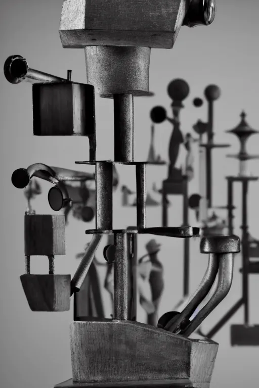 Image similar to a close-up portrait of Marcel Duchamp's industrial chess-piece-building machine in the style of Hito Steyerl and Shinya Tsukamoto and Irving Penn and Robert Frank, minimal contraption