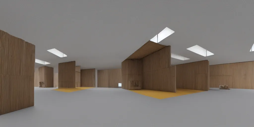 Prompt: a coloured 3 d octane model of a brutalism art gallery with wooden floor, highly detailed in the style of tim eitel