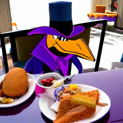 Prompt: darkwing duck having lunch at a motel bar